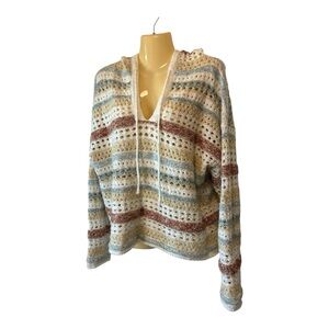 BKE Striped Pointelle Hooded Sweater Open Weave Knit V-Neck Beach Multicolor Lrg